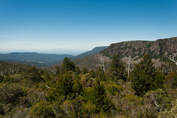 Inland Tasmania forested hills and distant mountain ranges, ideal for ecology projects, landscape visuals and environmental storytelling.