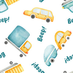 Watercolor seamless surface pattern design with toy truck, lorry, cars, saying beep. Baby background of kids vehicle illustration for fabric, textile, wallpaper, background, or gift wrap.