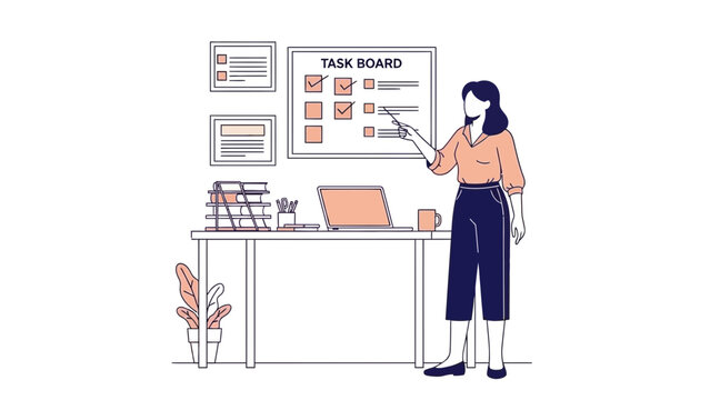 Businesswoman Presenting Task Board in Office Environment for Project Planning and Management