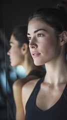 Fototapeta premium Reflective Fitness: Woman's Contemplative Gym Moment Captured in Profile View