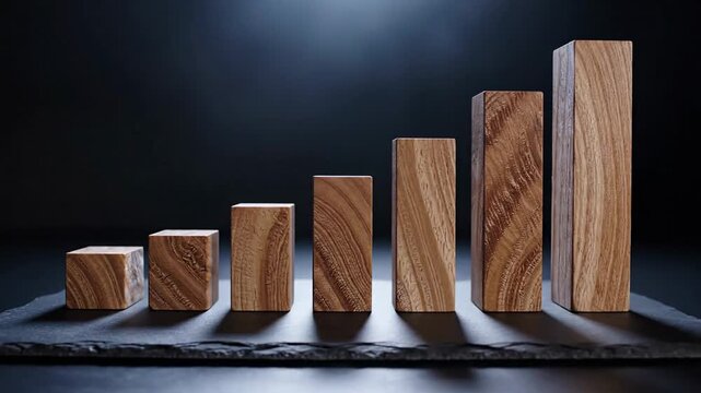 A row of wooden blocks graded in height on a dark slate, forming a rising staircase chart. Progress