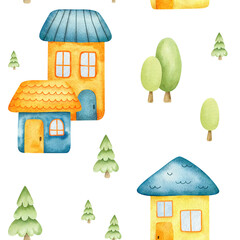  Simple colorful houses and trees. Watercolor hand drawn kid seamless pattern of city map. Baby background of town landscape for childrens carpet, fabric, textile, bedding, stationery