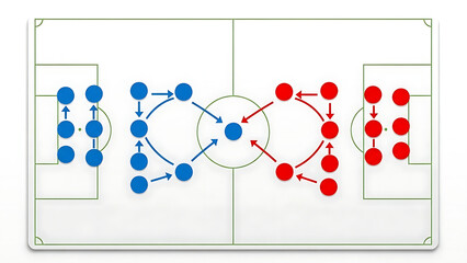 Illustration of soccer team strategy diagram with blue and red players on white background