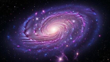 Vibrant spiral galaxy with glowing purple and pink nebulous arms in deep space