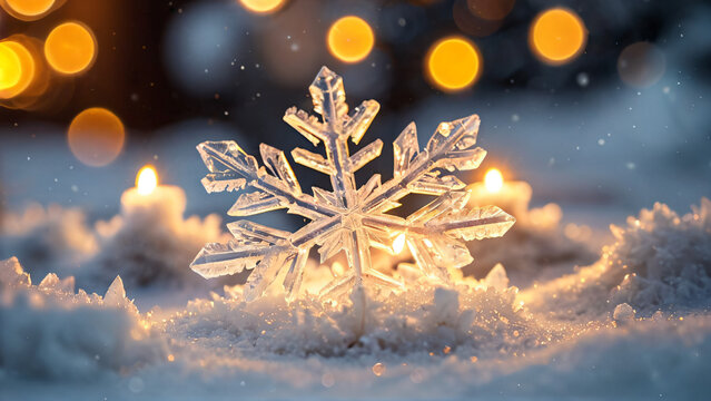 Schneeflocke im Schnee mit goldenem Licht und Bokeh