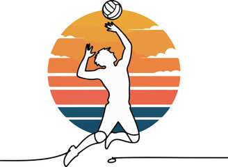 Continuous line illustration of a volleyball player silhouette with sunset in an elegant minimal artistic outline drawing