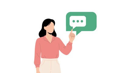 Illustration of a woman pointing to a speech bubble, concept of communication and messaging