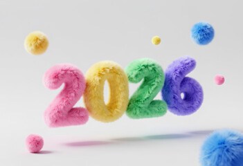 Colorful Plush Fuzzy 3D Numbers Displaying a Vibrant New Year 2026 Greeting