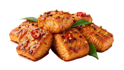 Spicy grilled salmon fillets with chili and herbs isolated on transparent background
