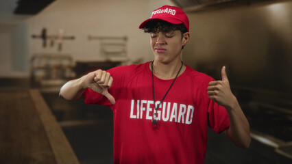 Obraz premium Teen lifeguard man wearing red lifeguard shirt and whistle shows thumbs up and thumbs down gesture in pool building; ambivalence playfulness.