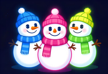 Vibrant Cartoon Snowmen with Glowing Colors on a Dark Winter Landscape