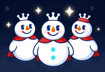 Vibrant Cartoon Snowmen with Glowing Colors on a Dark Winter Landscape