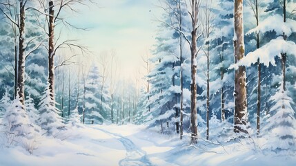 Winter Forest Realistic Watercolor Illustration. Snowy Trees Art Background. card or Invitation Page Print  Design. 