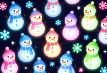 Colorful Cartoon Snowmen Glowing on a Vibrant Dark Winter Background