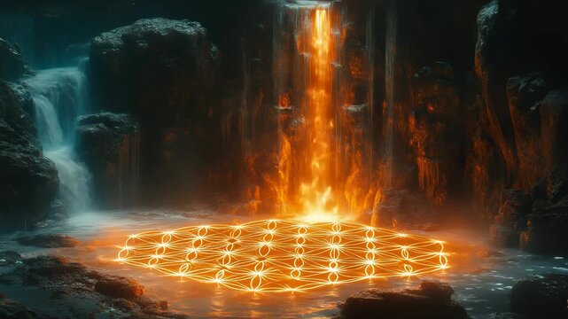 Cinematic glowing orange flower of life sacred geometry symbol on water in mystic dark cave waterfall for spiritual meditation and healing energy background concepts
