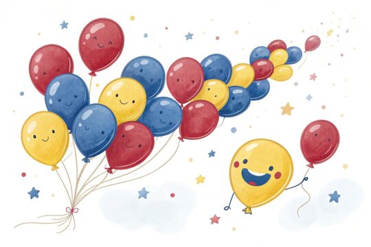 Happy cartoon balloons floating in the sky with stars and clouds - Powered by Adobe