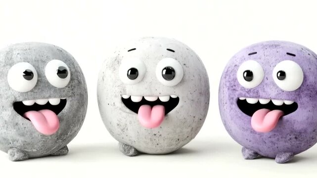 Three cartoonish stone balls with googly eyes and tongues out standing on white background in whimsical setting