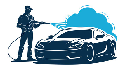 Man washing a modern car with a pressure washer for professional cleaning service logo