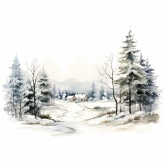 Winter Forest Realistic Watercolor Illustration. Snowy Trees Art Background. card or Invitation Page Print  Design. 