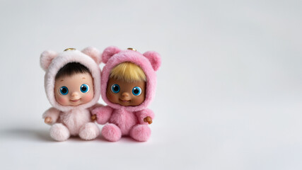 Zwei niedliche Spielzeugfiguren in rosa Tierkost&uuml;men auf hellem Hintergrund