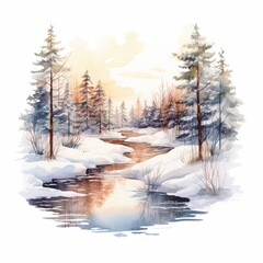 Winter Forest Realistic Watercolor Illustration. Snowy Trees Art Background. card or Invitation Page Print  Design. 