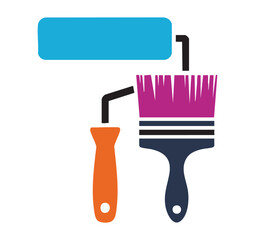 A colorful illustration of a paint roller and a paintbrush icon