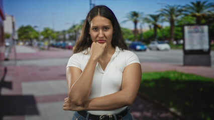 Fototapeta premium Woman with hand on chin on street beside palm trees and sidewalk in daytime urban scene; thoughtful contemplation pondering.