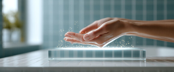 Close-up of hands hovering over glowing digital interface with sparkling light effects on tiled surface in modern indoor setting
