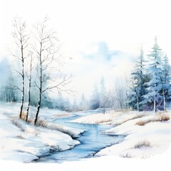 Winter Forest Realistic Watercolor Illustration. Snowy Trees Art Background. card or Invitation Page Print  Design. 