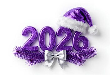 Glittery Purple 2026 with Fluffy Christmas Hat Festive Holiday Vector Art