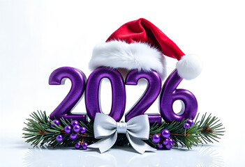 Glittery Purple 2026 with Fluffy Christmas Hat Festive Holiday Vector Art