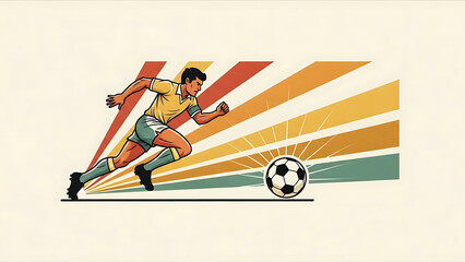 Illustration of man playing soccer kicking ball with motion lines in background illustration