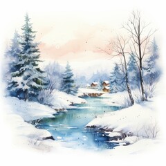 Winter Forest Realistic Watercolor Illustration. Snowy Trees Art Background. card or Invitation Page Print  Design. 
