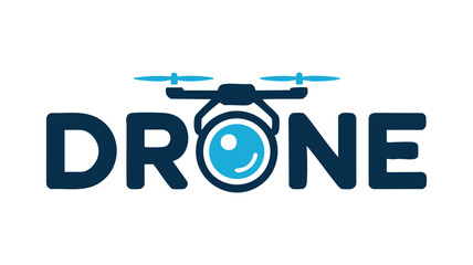 Minimalist drone logo design featuring a stylized drone and camera lens integrated into the text