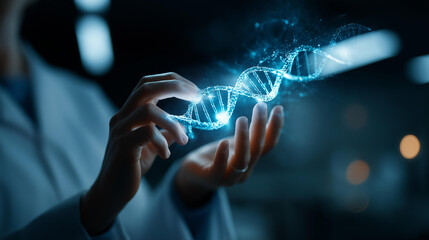 Faceless doctor hands using AI DNA technology genetic analysis precision medicine innovation digital healthcare biotechnology research representation smart medical