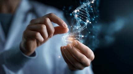 Faceless doctor hands analyzing DNA structure AI digital hologram interface biotechnology innovation visualization genetic research representation precision medicine
