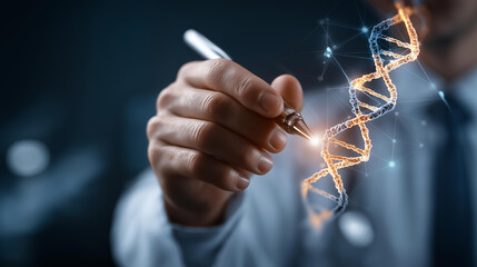 Faceless doctor hands using digital pen analyzing DNA medical data AI interface operation biotechnology innovation representation precision medicine research