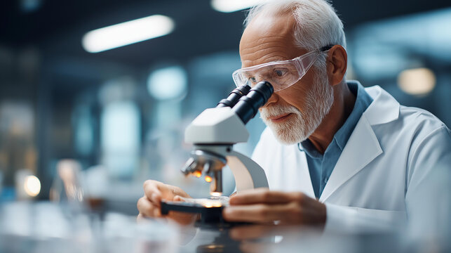Faceless senior man scientist hands with protective glasses analyzing samples microscope operation laboratory setting examination medicine healthcare science research