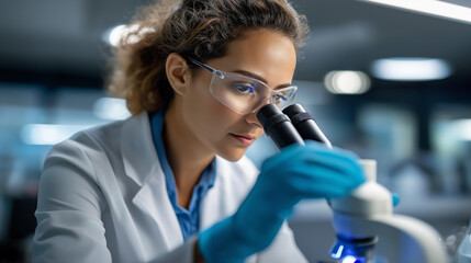 Faceless female scientist in white protective gear analyzing test samples under microscope contemporary research environment white gloved hand closeup medicine science