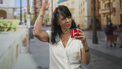 Obraz premium Senior woman holding red enamel mug at chest height on a sunlit pedestrian street, glancing to the side; quiet contemplation.