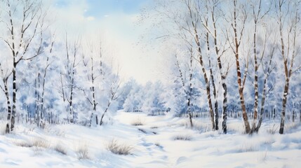Winter Forest Realistic Watercolor Illustration. Snowy Trees Art Background. card or Invitation Page Print  Design. 