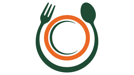 A minimalist logo design featuring a fork and spoon circling a plate in green and orange