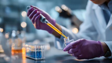 Faceless scientist hands pipetting liquids for research laboratory precision operation molecular biology work sample handling procedure scientific investigation process