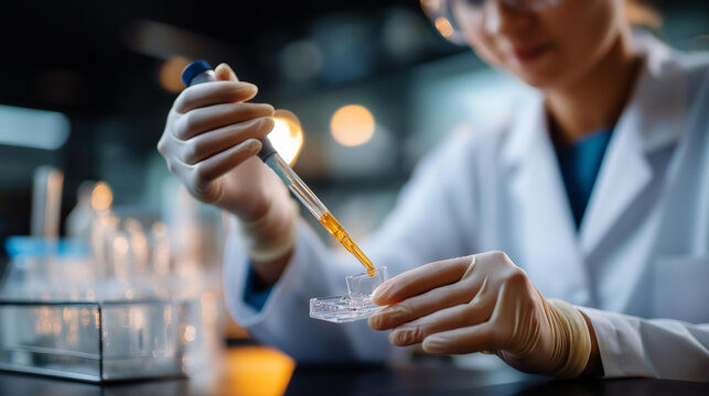 Faceless scientist hands pipetting liquids for research laboratory precision operation molecular biology work sample handling procedure scientific investigation process - Powered by Adobe