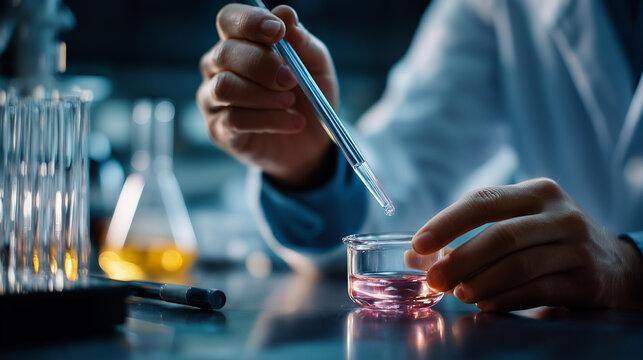 Faceless analytical chemist hands preparing samples analysis procedure operation identifying quantifying compounds laboratory chemistry work research examination process
