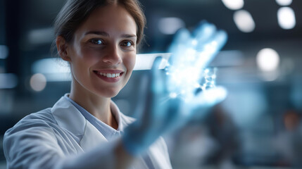 Faceless female scientist in sterile lab coat gloves preparation for research futuristic biotechnology facility medical innovation concept healthcare technology