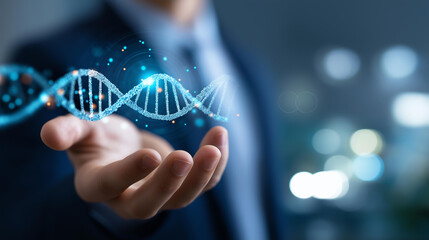 Faceless businessman hand holding biotechnology innovation interface genetic engineering visualization medical research development DNA analysis bioinformatics healthcare lab