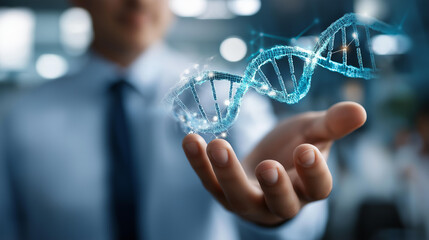 Faceless businessman hand holding biotechnology innovation interface genetic engineering visualization medical research development DNA analysis bioinformatics healthcare lab