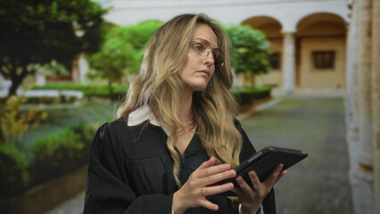 Judge in outdoor setting focuses on a tablet, wearing glasses and a robe, showcasing legal diligence and modern technology use surrounded by greenery.