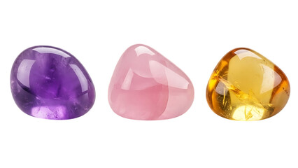 Transparent background three colorful gemstones isolated on transparent background for design
